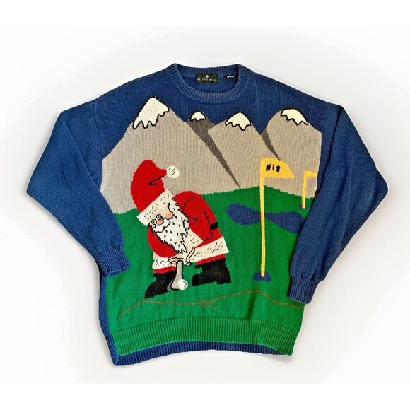 Vintage Saks Fifth Avenue Santa Golf Christmas Sweater Mountains Men's XL - Picture 1 of 9